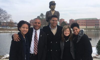 Members of the Murphy-Matthews family stand in front of the statue honoring the 688th U.S. Army Postal Directory Battalion. L to R. Kamryn Matthews-Williams (great grand-daughter), Rodger (son), Rodger M. Matthews (grandson), Carol D. Matthews (spouse of son Rodger Matthews), Dr. Rayna Whetstone (granddaughter).