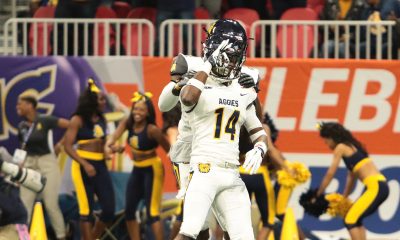 North Carolina A&T Defensive Back Timadre Abram celebrates after intercepting a pass in the 2018 Celebration Bowl, Saturday, December 15, 2018. Photo by: Itoro N. Umontuen/The Atlanta Voice