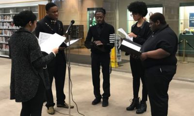 The Lawson State Community College Choir quartet performed Christmas songs at the Birmingham Public Library, Central Branch on Sunday, Dec. 16, 2018. The quartet performed Christmas favorites like “Silent Night,” “Go Tell it on the Mountain,” “Joy to the World,” “Have Yourself a Merry Little Christmas” and “The Christmas Song.” The quartet was directed by Dr. Jillian Johnson, music professor at Lawson State and included students (from left) Jemanuel Pullom, Javaris Williams, BreAna Doss and Kayla King.