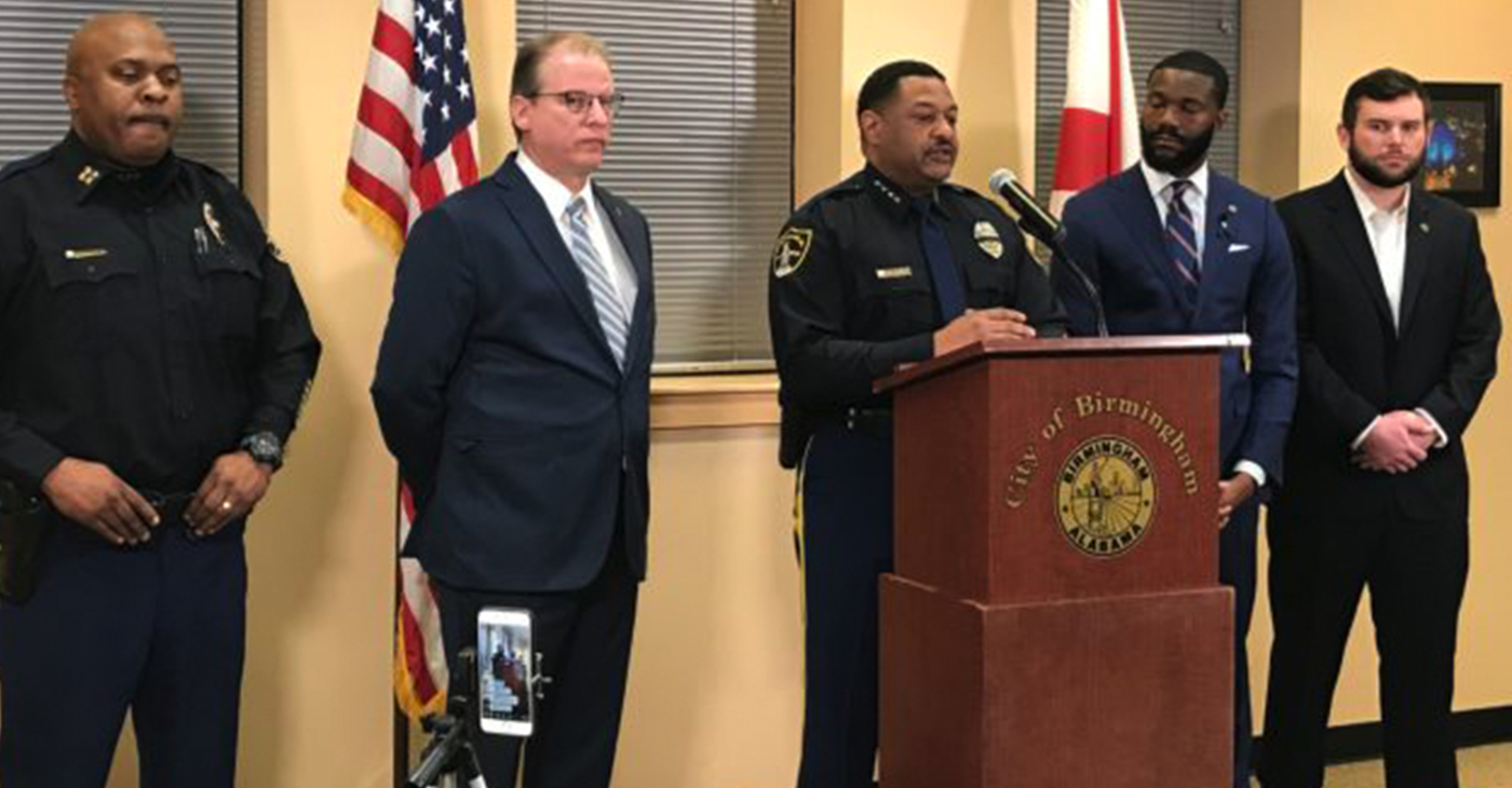 From left: North Precinct comander Capt. James Jackson, Assistant Chief of Police Allen Treadaway, Chief of Police Patrick Smith, Mayor Randall Woodfin and Birmingham City Councilor Hunter Williams. Smith and Woodfin updated the fatal shooting of a Birmingham police officer that took place early Sunday morning. (Erica Wright Photo, The Birmingham Times)