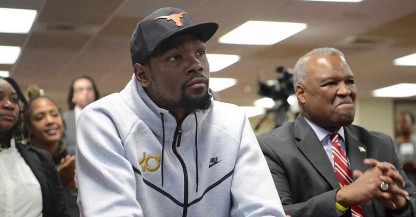 NBA Superstar Kevin Durant joins former Prince George’s County Executive Rushern Baker during the formal Launch of the College Track Durant Center in Suitland, MD. (Courtesy Photo)
