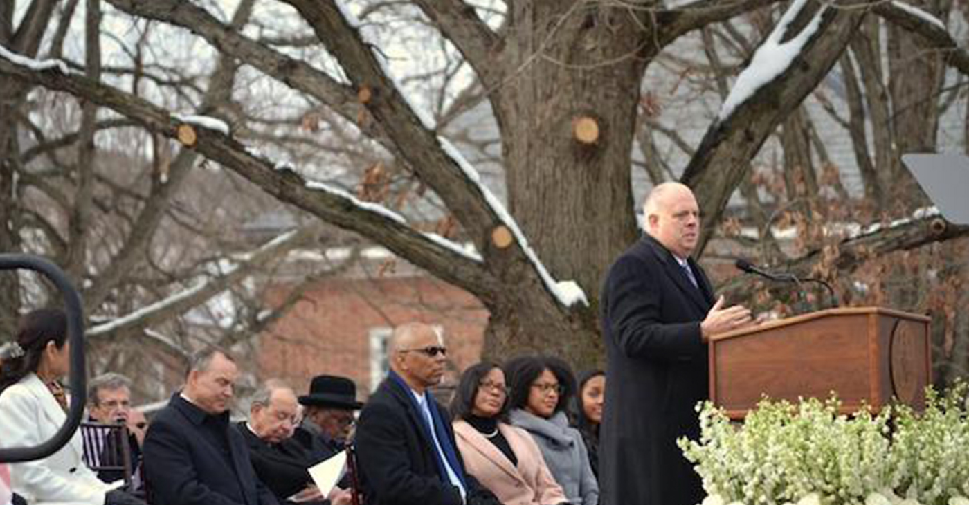 Maryland Gov. Larry Hogan addresses the crowd during his inauguration ceremonies in Annapolis on Jan. 16. (Brigette White/The Washington Informer)