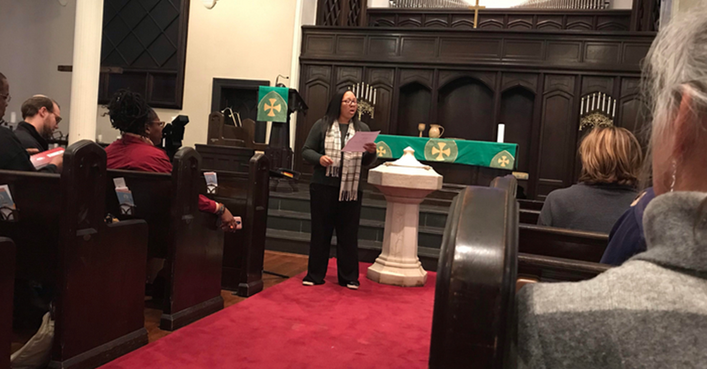 T. Marie King gives rules during a community conversation hosted by Faith in Action Alabama at First Presbyterian Church in Birmingham. FAA gave people a chance to discuss their feelings about BCRI rescinding an award to Angela Davis. (Erica Wright Photos, The Birmingham Times)