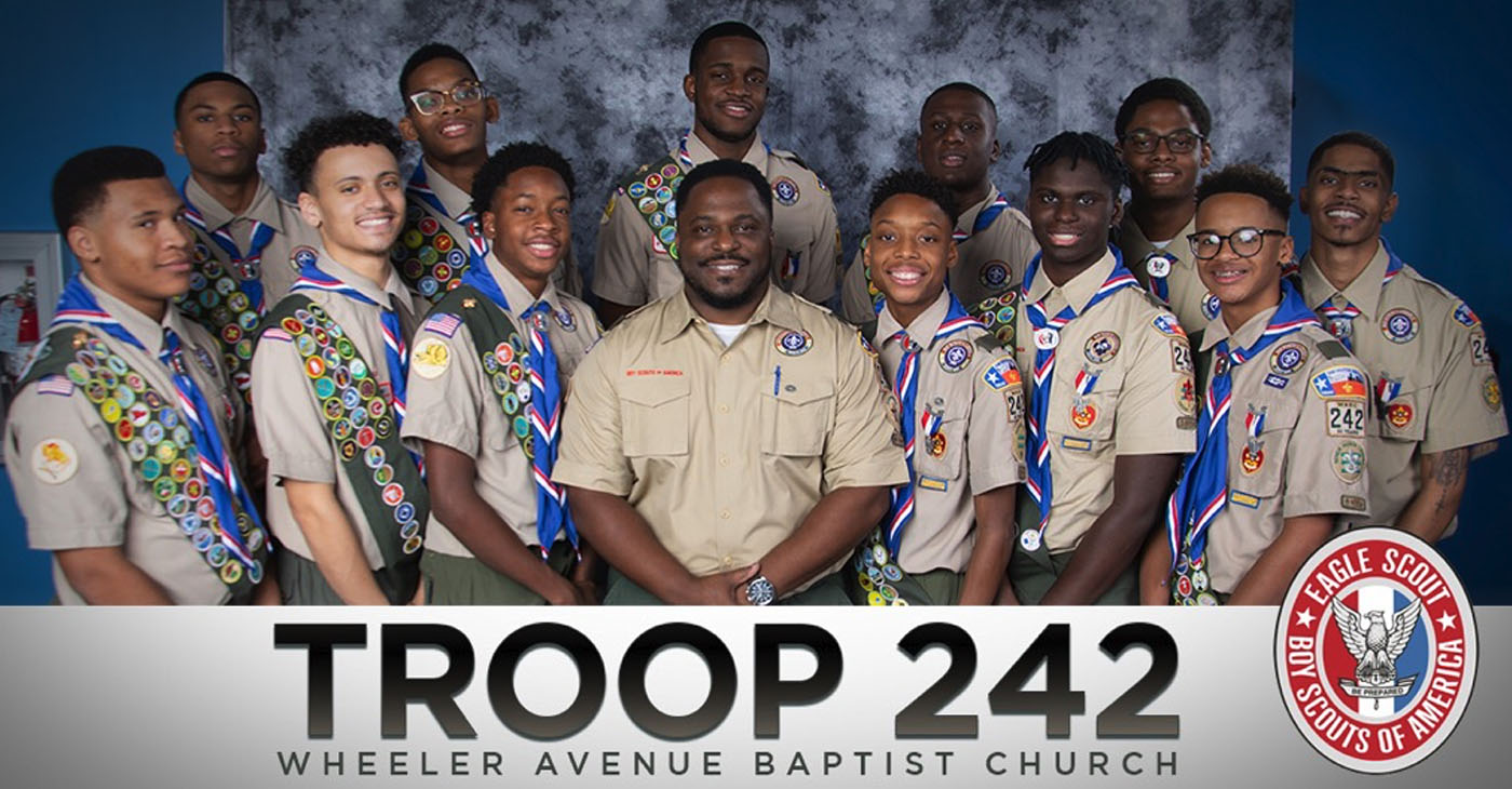 Shane Bennett, Dameion Crook II, Dylan Gaines, Kyle Gaines, Chandler Green, Daniel Hinton, Marshall Hudson, Marcellus Jordan III, Eron Lord, Eric Sims, Asa Singleton and Benjamin White are all a part of Boy Scout Troop 242, a historic troop located at Wheeler Ave Baptist Church.