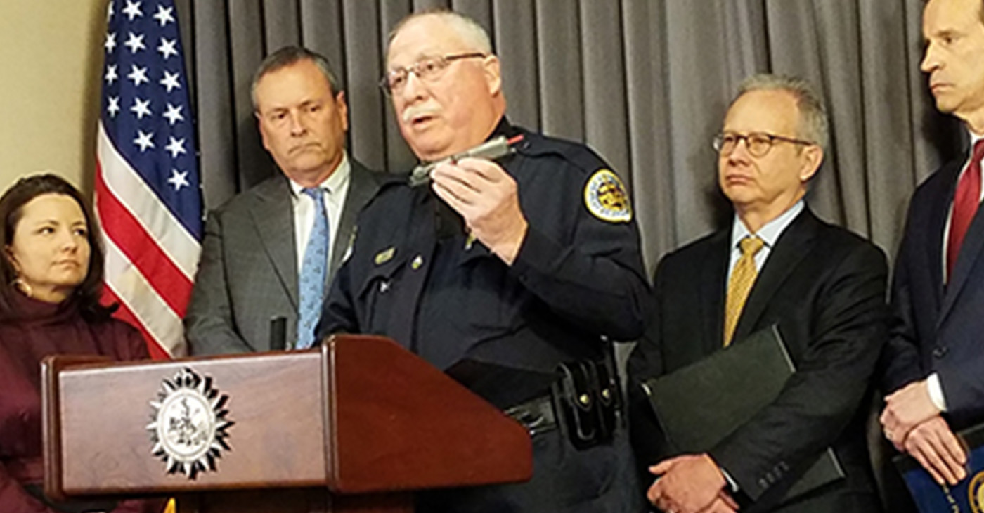 Chief Steve Anderson holds a nine millimeter semi-automatic pistol that was recovered from the bedroom of a convicted drug felon in 2016 by MNPD Gang detectives during a State of Tennessee probation check. Scientific analysis of the gun showed that it was used in three separate shooting incidents on Westchester Drive, Forest Park Road, and Gwynnwood Drive in 2015. The convicted drug felon was charged in U.S. District Court and is now in federal prison. Photo submitted