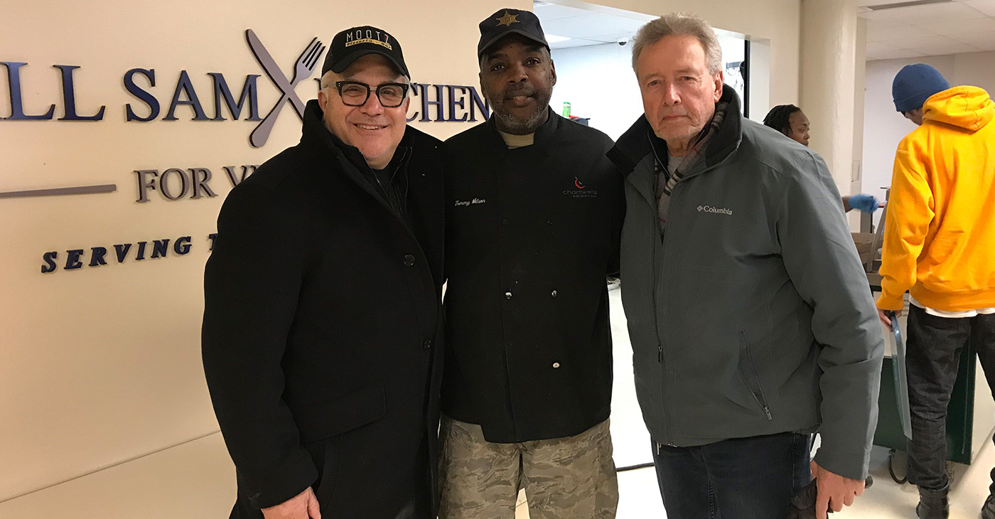 Mootz owner Tony Sacco, chef Tommy Wilson of the veteran’s shelter, and Mootz investor Dean Walters. (Photo by: michronicleonline.com)