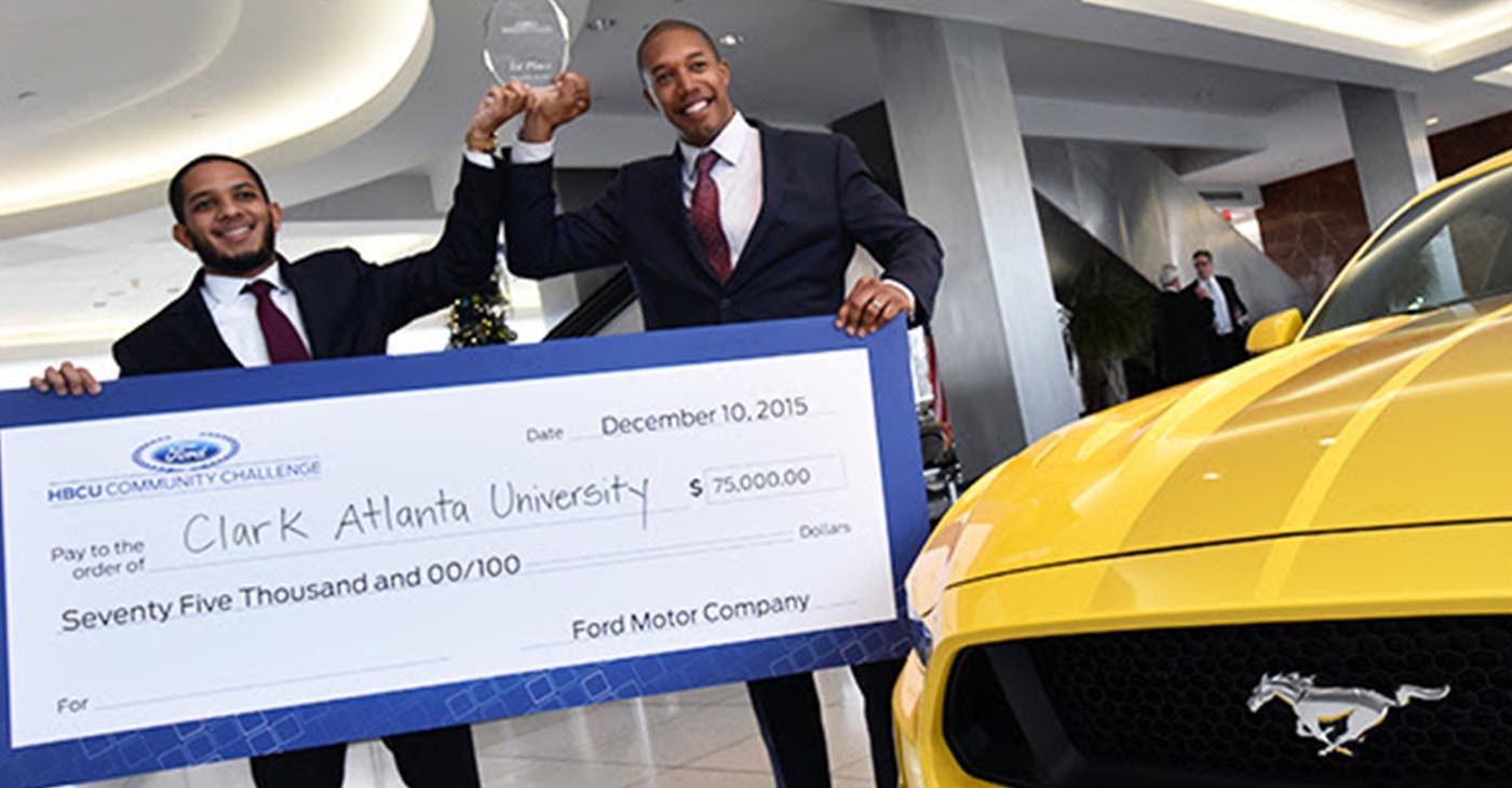 Past HBCU Challenge winners from Clark Atlanta University celebrate a Ford World Headquarters in Dearborn, Michigan. (Photo: Ford Motor Company Fund)