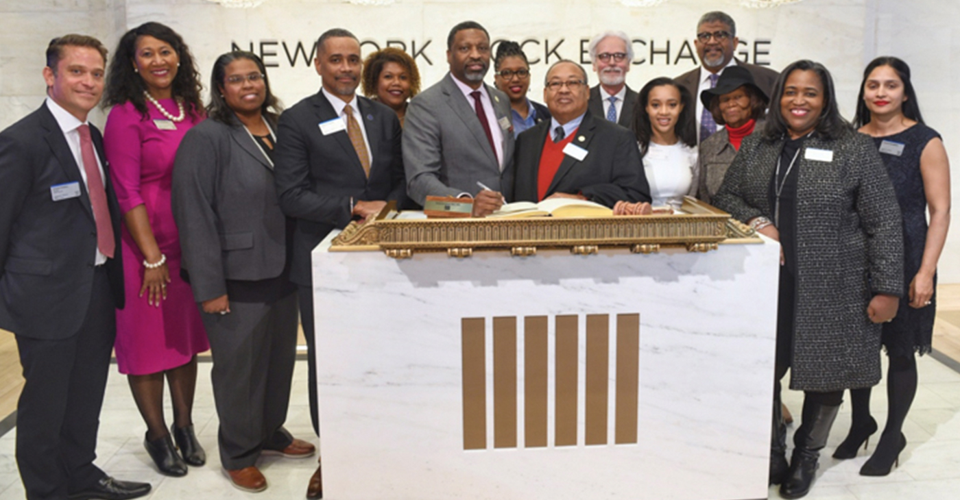 L-R: NAACP Economic Director Marvin Owens, President Derrick Johnson, Board Chairman Leon W. Russell, and NY State Conference President Hazel Dukes, lead in historic ringing of NYSE of closing bell as NAACP launches new ETF on Wall Street (Photo Credit: Justin Knight)
