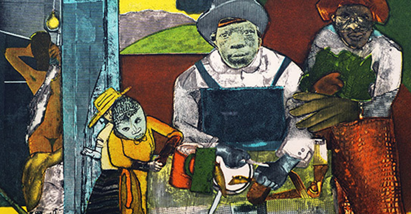 Romare Bearden, The Family, etching, 1975 from the Thompson-Wilson Collection. (Image courtesy of TSU)