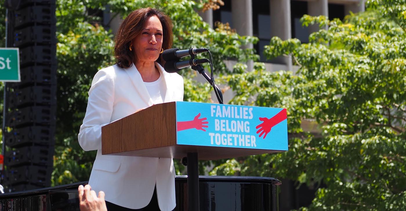 U.S. Sen. Kamala Harris speaks at L.A.'s Families Belong Together March in June 2018. (Photo by: Luke Harold | Wiki Commons)