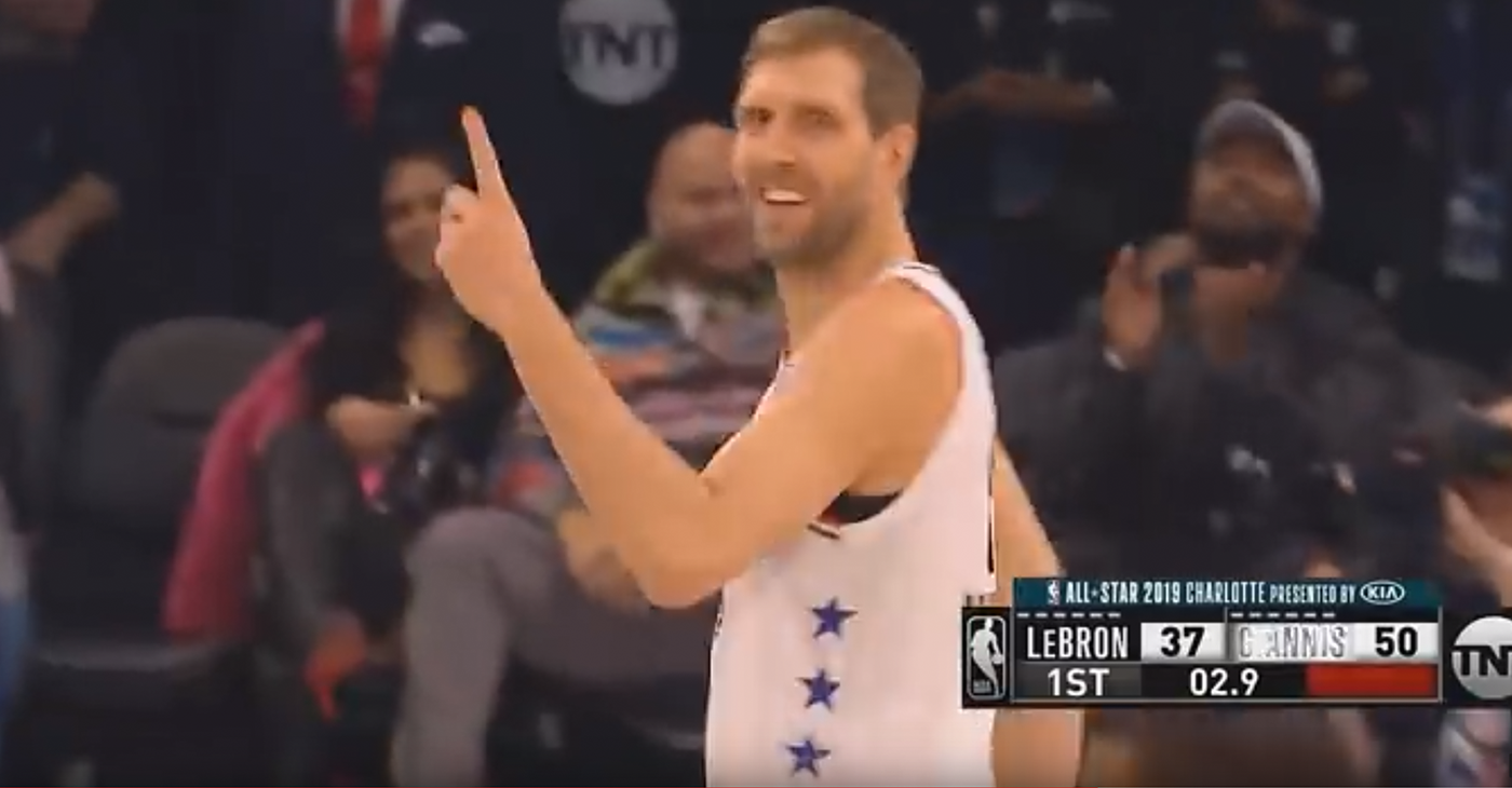 Dirk Nowitzki salutes the fans his final All Star Game. (Photo: YouTube)