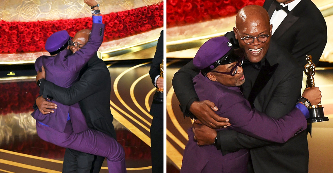 Spike Lee and Samuel L. Jackson celebrate Lee's 2019 Oscar win for Best Adapted Screenplay.