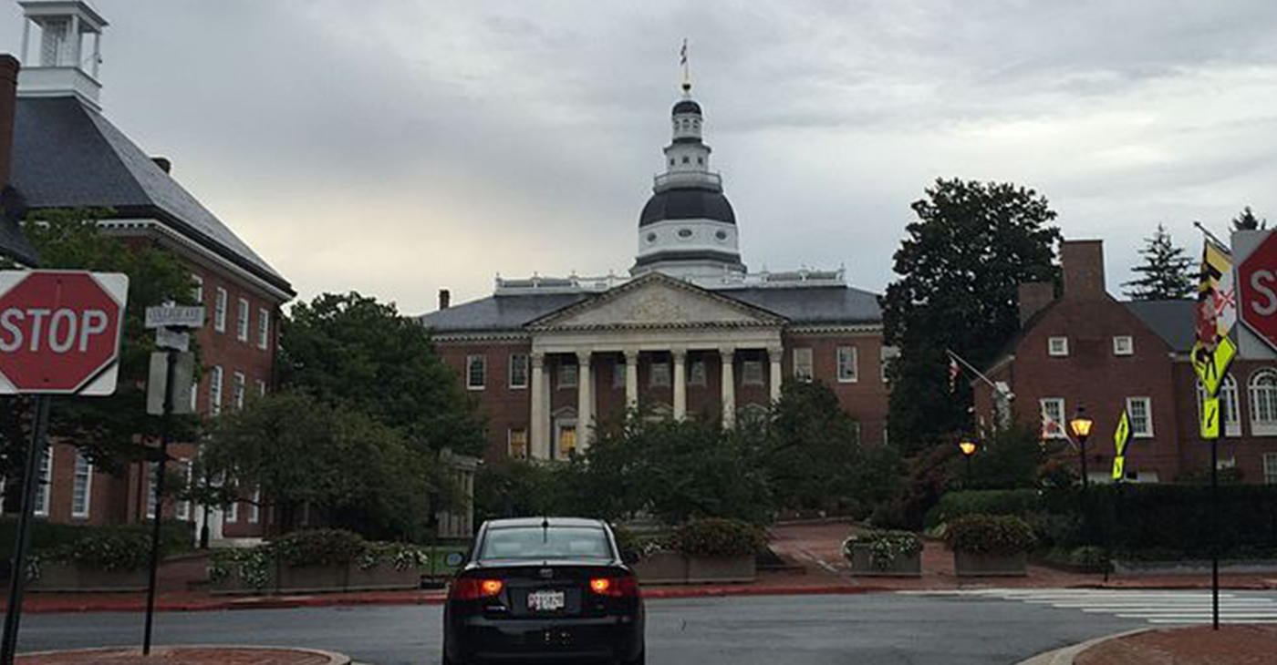 View south towards the Maryland State House from Maryland State Route 70 (Bladen Street) at Maryland State Route 450 (College Avenue) in Annapolis, Anne Arundel County, Maryland. (Photo by: Wiki Commons)