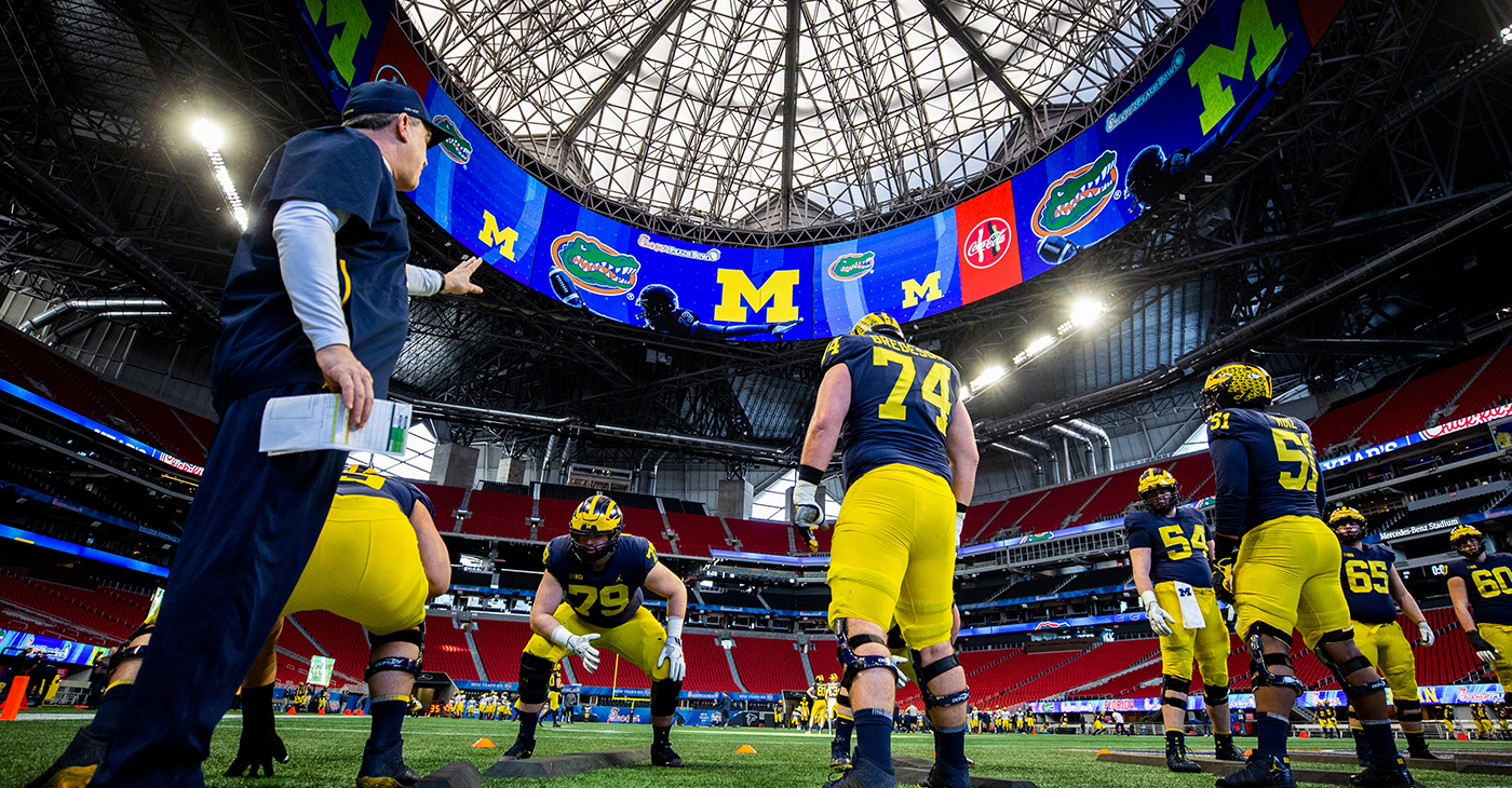 Michigan Wolverines practice on Wednesday, December 26, 2018 at the Mercedes Benz Stadium in Atlanta. (Jason Parkhurst via Abell Images for the Chick-fil-A Peach Bowl)