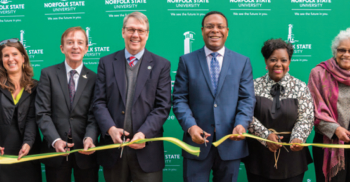 Norfolk Mayor Kenneth Alexander (center) leads NSU and Norfolk CIty officials in historic ribbon cutting (Photo by: NSU)