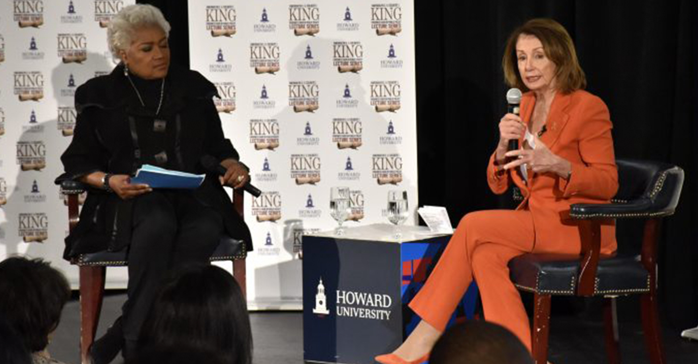 Former Democratic National Committee Chair Donna Brazile moderated a discussion with Speaker of the House Nancy Pelosi at Howard University’s School of Business on Feb. 27. (Photo by Rob Roberts)