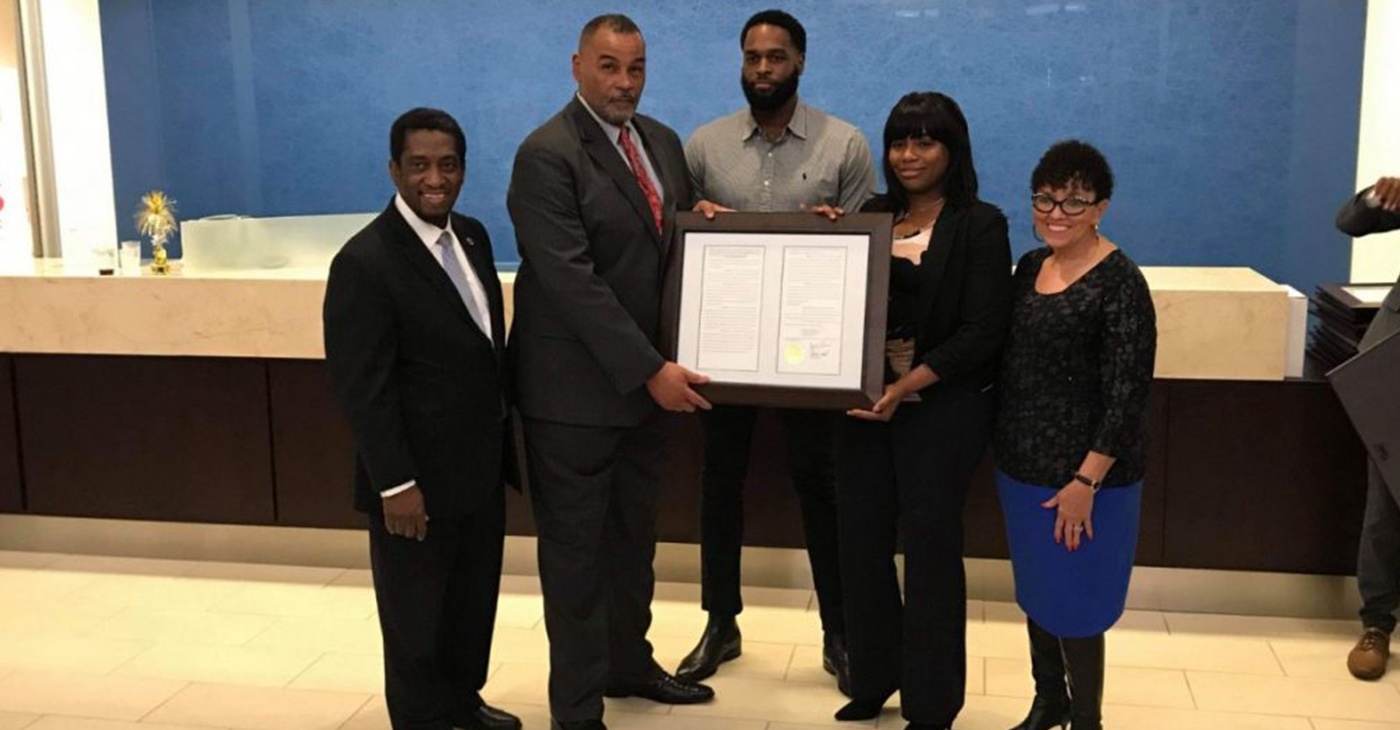 Receiving the honor from SCLBC Chair Rep. Jerry Govan (third from left) and members of the Charleston Legislative Delegation for Septima P. Clark were (at the center of the picture) her grandson, Nerie Clark, and great-grandchildren Kevin and Michelle Clark.
