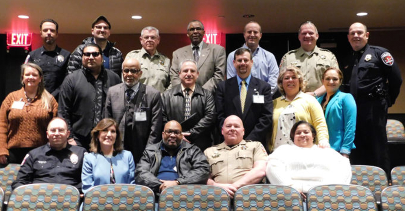 Participants are, from left, front row, MTSU Police Chief Buddy Peaster, Deborah Oleshansky of the Jewish faith, committee member Michael Jones, Sheriff’s Major Steve Spence and committee member Tanika Jones; second row, committee members Linell Linell, Rick Rodriguez and Rev. Richard Sibert of Walnut Grove Baptist Church, Saleh Sbenaty of the Islamic Center of Murfreesboro, committee members Steven Scheid, Dawn Rhodes and Irma Rodriguez; back row, MTSU Capt. Jeff Martinez, Aaron Crossley of the Baha’i faith, Sheriff Mike Fitzhugh, Walter Atkinson of the U.S. Department of Justice Community Relations Service, Sheriff’s Detective Capt. Britt Reed and Chief Deputy Keith Lowery and Murfreesboro Police Chief Michael Bowen.