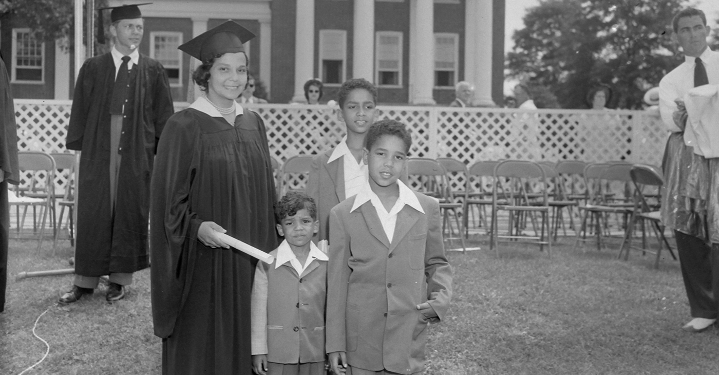 University of Maryland School of Law graduate Juanita Jackson Mitchell in cap and gown with her sons Clarence M. Mitchell III, Keiffer Mitchell, and Michael Bowen Mitchell. College Park, Maryland./Photo By Paul Henderson, circa 1950. Maryland Historical Society, HEN.00.B1-043.