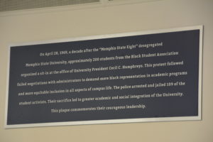 This plaque, unveiled at the University of Memphis administration building on April 12, commemorates the 1969 sit-in protest that prompted 109 arrests. (Photos: Tyrone P. Easley)