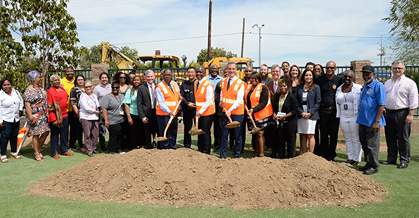 04-08-2019, Councilmember Marqueece Harris-Dawson, Mayor Eric Garcetti, and Supervisor Mark Ridley-Thomas attend Bridge Home Ground Breaking at 5965 St. Andrews Place in South Los Angeles.