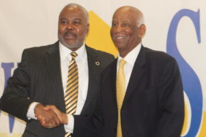 Alabama State President Dr. Quinton Ross Jr. (left) and Lawson State President Dr. Perry Ward announce memorandum of understanding between the two institutions. (Ameera Steward Photo, The Birmingham Times)