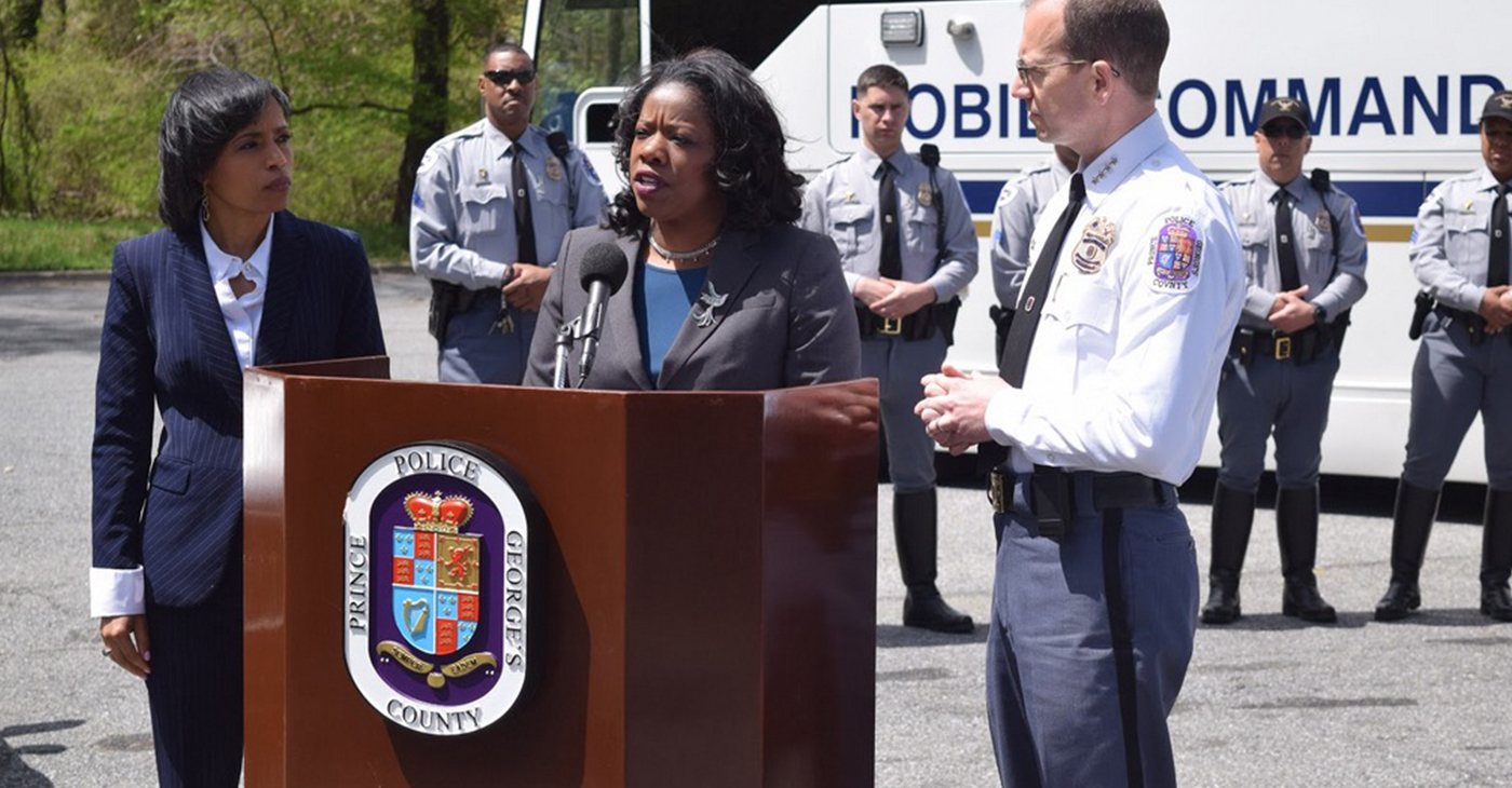 Prince George’s County Executive Angela Alsobrooks, State’s Attorney Aisha Braveyboy and Police Chief Hank Stawinksi are working to enforce driver safety for the community. (Photo by Mark Gray)