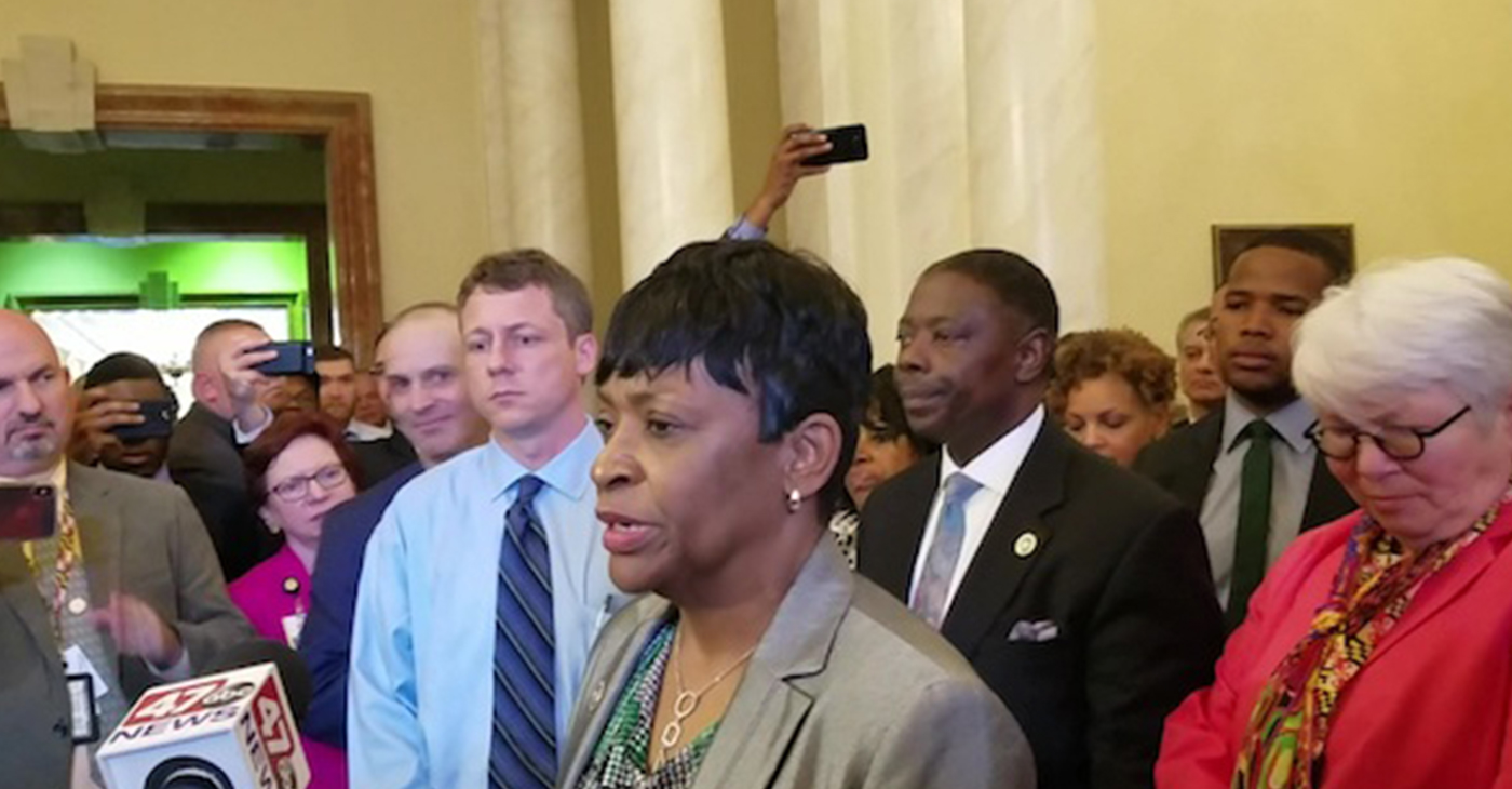 Del. Adrienne Jones (D-Baltimore County) speaks with reporters on May 1, minutes after a House Democratic Caucus meeting in Annapolis, in which she was selected as the new speaker of the House of Delegates. (Photo by: William J. Ford | The Washington Informer)