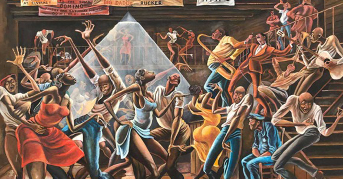 Ernie Barnes, The Sugar Shack (1976). Acrylic on canvas, 36 in. x 48 in., Collection of Jim and Jeannine Epstein. © Ernie Barnes Family Trust.