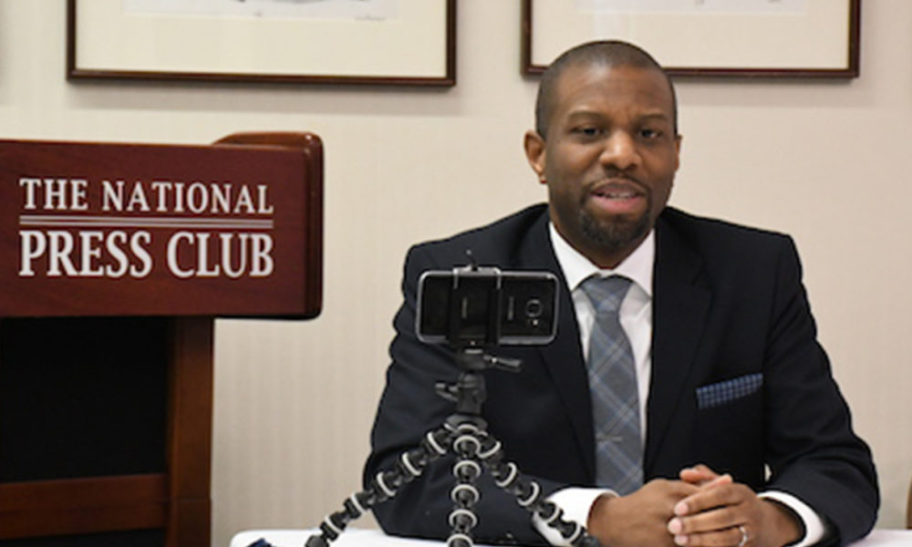 Ivory Toldson, author of "No BS (Bad Stats): Black People Need People Who Believe in Black People Enough Not to Believe Every Bad Thing They Hear about Black People," speaks during an event at the National Press Club in northwest D.C. on Feb. 25. (Roy Lewis/The Washington Informer)