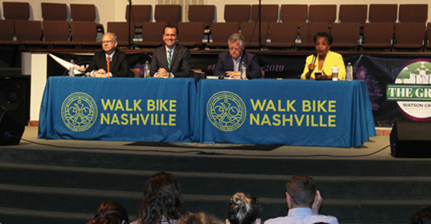 Walk Bike Nashville hosted mayoral candidates (l to r) Mayor David Briley, Rep. John Ray Clemmons, Councilman John Cooper and Dr. Carol Swain at Watson Grove Missionary Baptist Church.