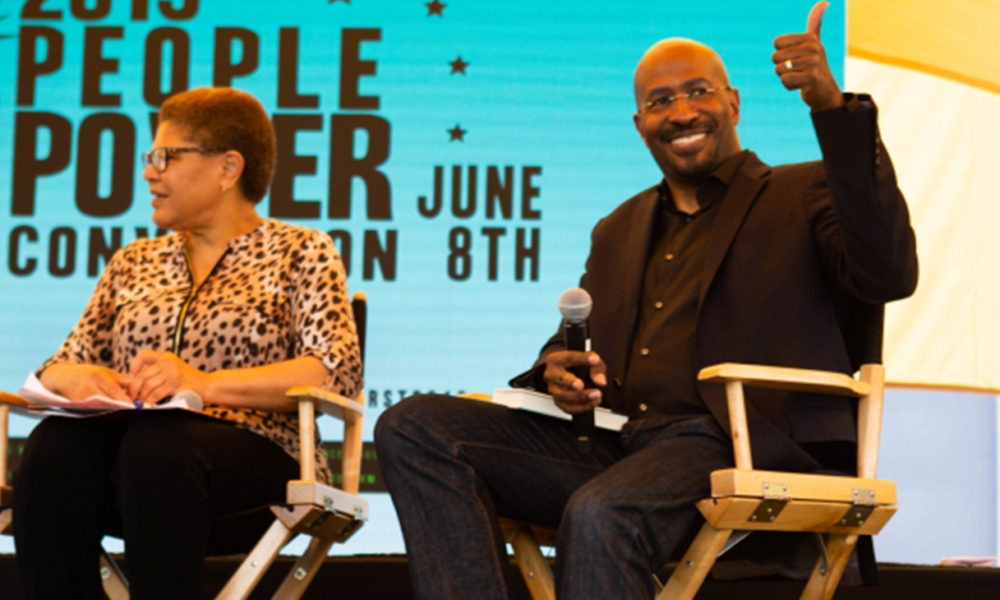 Keynote speaker Van Jones giving L.A. residents a thumbs up at the People Power Convention. (Photo by: Jordan Tucker | LA Sentinel)