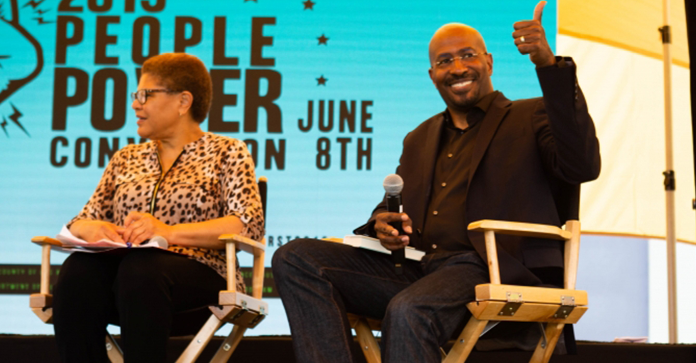 Keynote speaker Van Jones giving L.A. residents a thumbs up at the People Power Convention. (Photo by: Jordan Tucker | LA Sentinel)