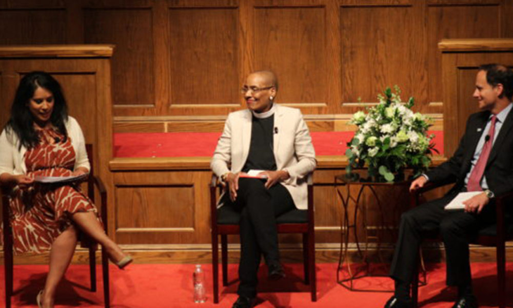 (Left to right): Zeenat Rahman, Rev. Dr. Kelly Brown Douglas, and Rabbi Jonah Dov Pesner during the "Religious Perspectives on Bridging Racial & Faith Divides" event Monday night at Sixteenth Street Baptist Church (Ameera Steward, The Birmingham Times)