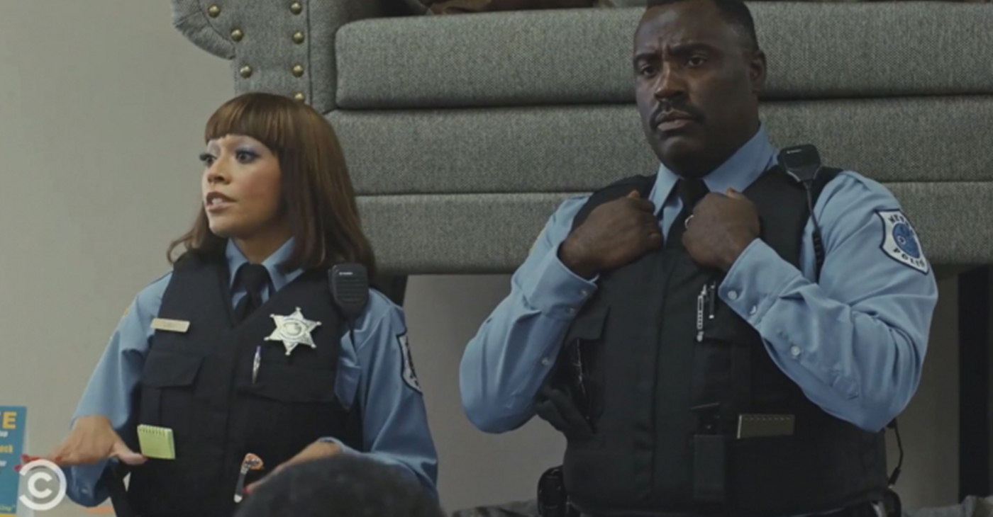 Chandra Russell as Sergeant Turner, Bashir Salahuddin as Officer Goodnight (Photo Credit: Comedy Central)