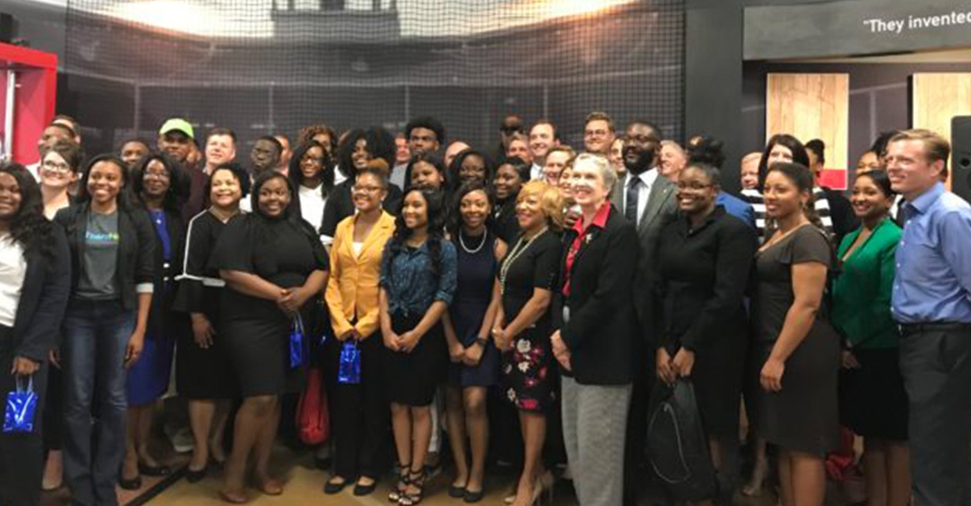 Twenty Birmingham City Schools students and recent graduates at "Signing Day" at the Negro Southern League Museum downtown where they were matched with local companies for a seven-week apprenticeship program as part of the Birmingham Promise pilot initiative. Students are pictures here along with city officials and company representatives. (Erica Wright Photos, The Birmingham Times)