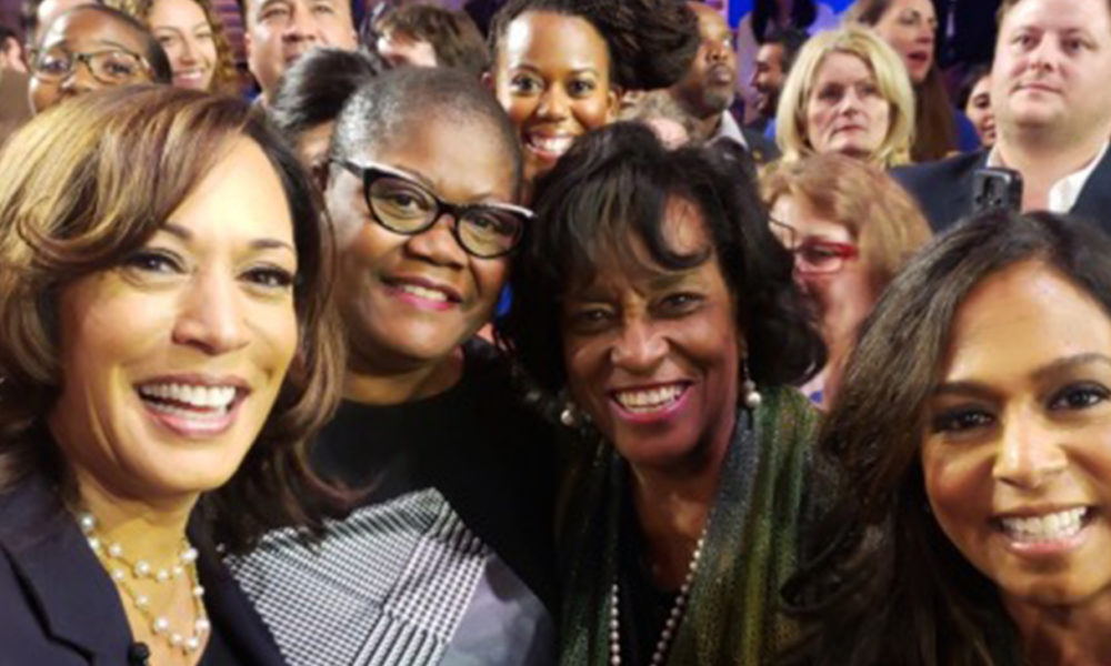 Melanie Campbell (second from left) poses with Sen. and 2020 Democratic presidential hopeful Kamala Harris and others after the second Democratic presidential debate in Miami on June 27. (Courtesy of Melanie Campbell)
