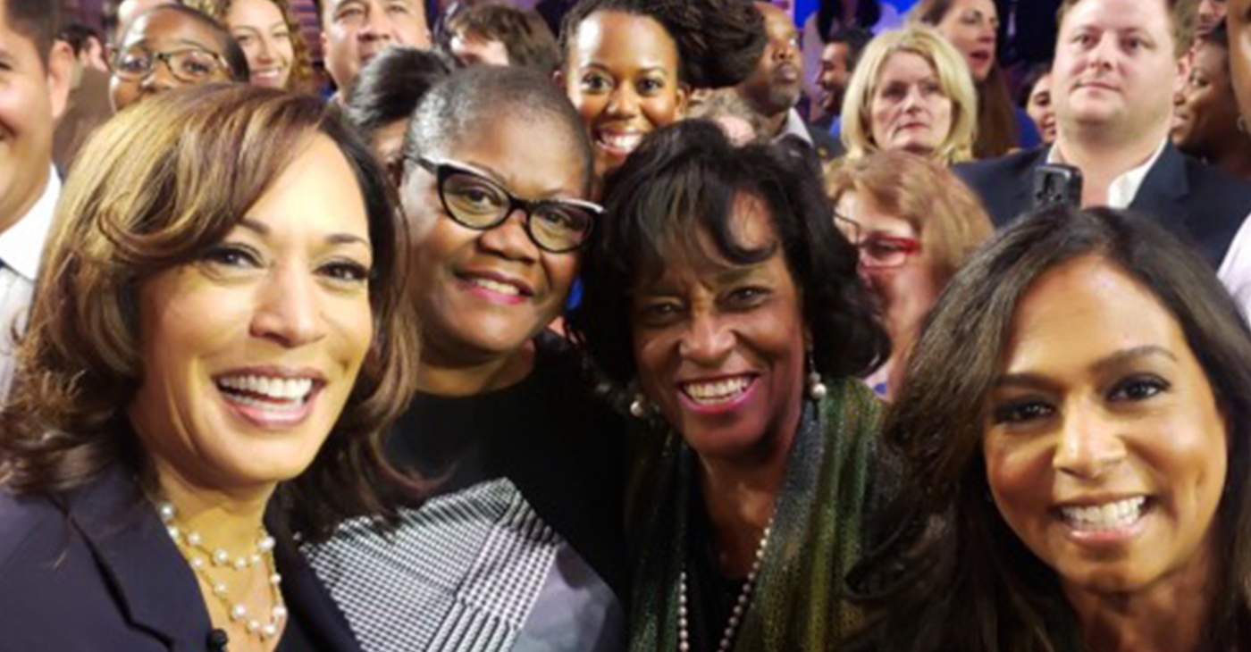 Melanie Campbell (second from left) poses with Sen. and 2020 Democratic presidential hopeful Kamala Harris and others after the second Democratic presidential debate in Miami on June 27. (Courtesy of Melanie Campbell)