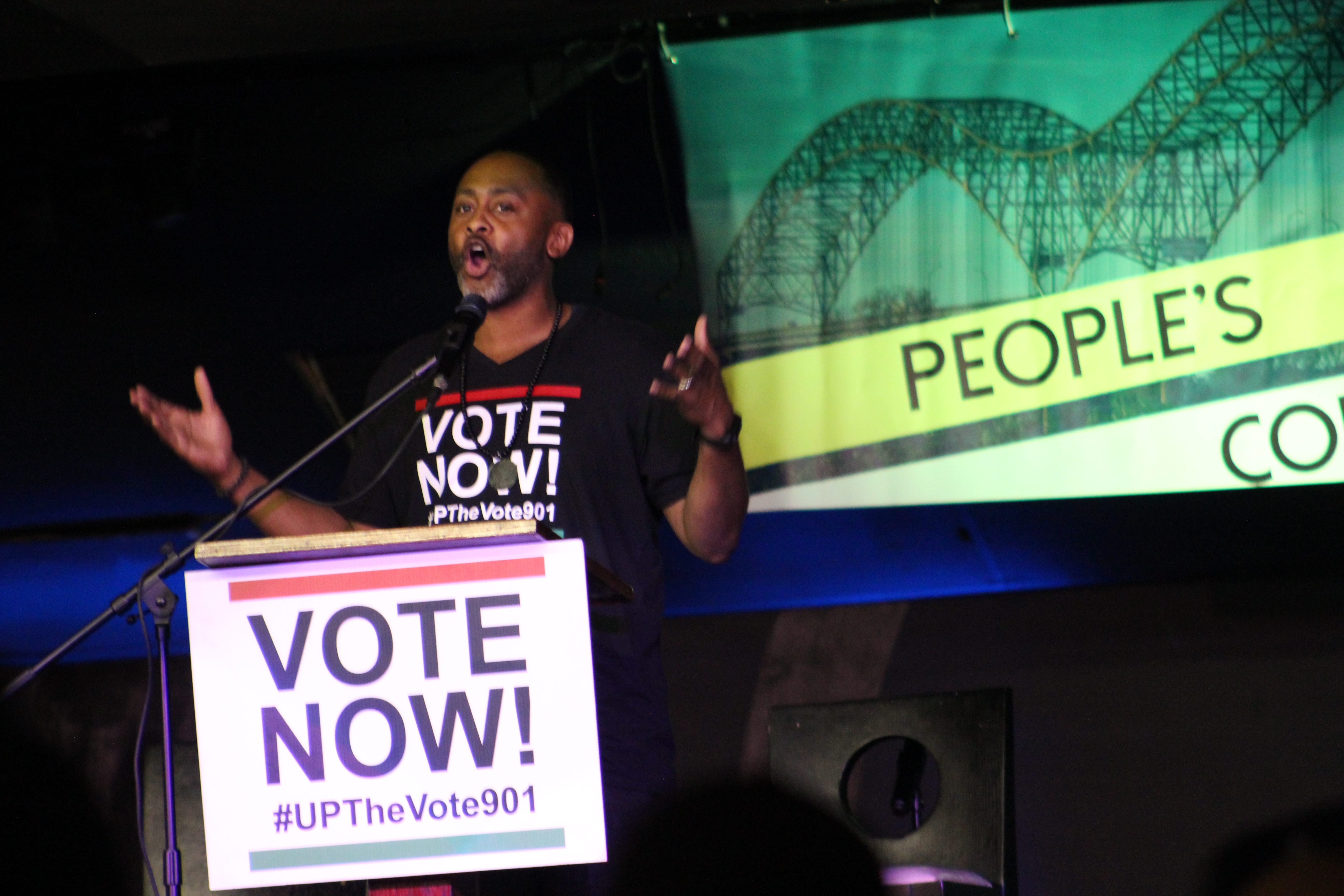 Rev. Dr. Earle Fisher, founder of #UPTheVote901, offers opening remarks at The People's Convention at the Paradise Entertainment Complex on Saturday, June 8. (Photo: Lee Eric Smith)