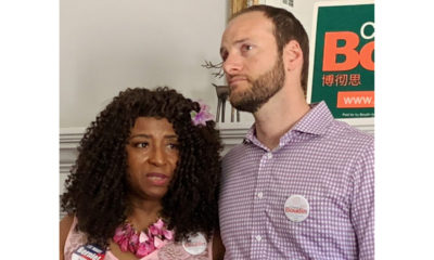 East Bay Civil Rights attorney Pamela Price introduces Chesa Boudin, who is running for district attorney of San Francisco, at a fundraiser in Oakland June 23. Photo by Ken Epstein.