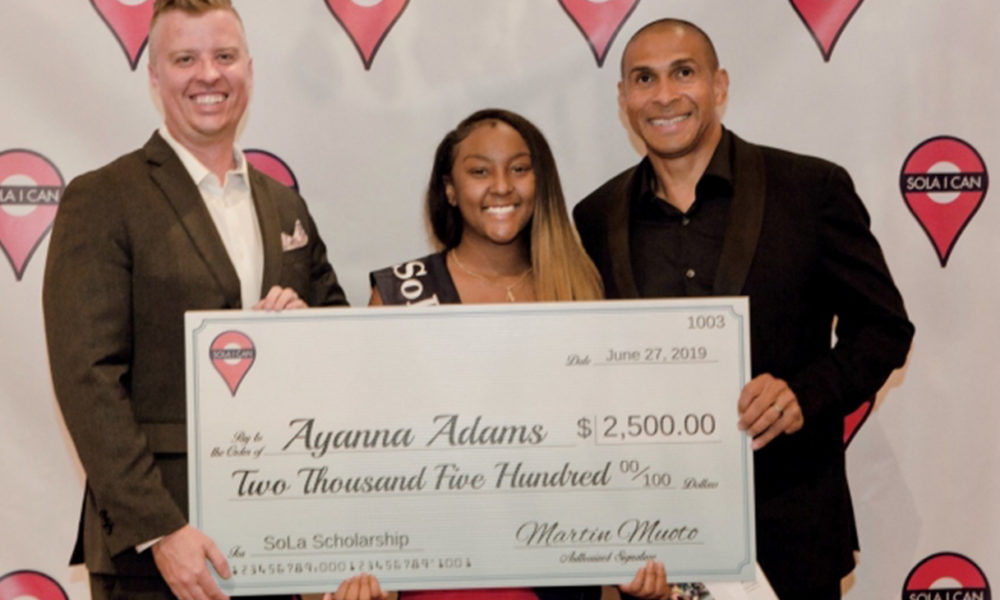 Martin Muoto, Founder and Managing Partner of SoLa Impact, and Gray Lusk, Co-founder and Managing Parter of SoLa Impact, with scholarship recipient Ayanna Adams. (Courtesy Photo)