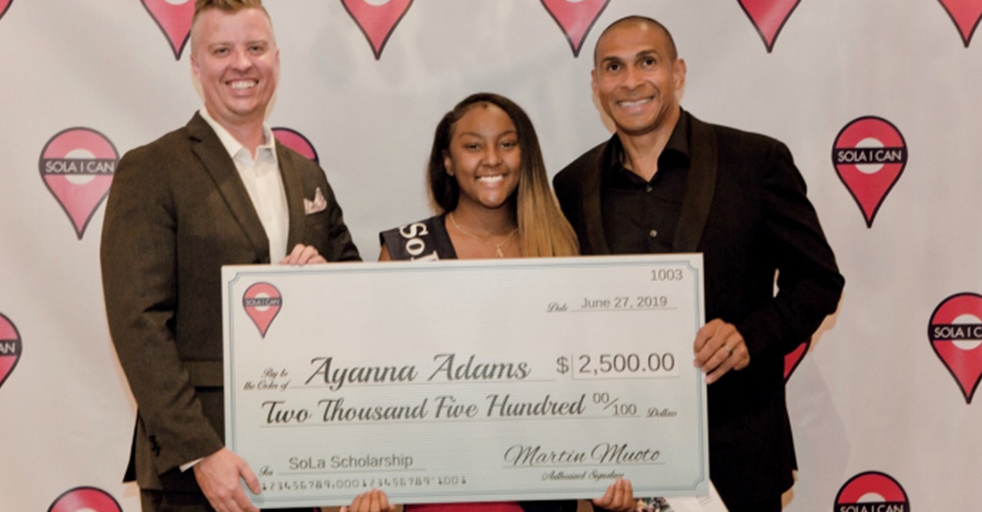 Martin Muoto, Founder and Managing Partner of SoLa Impact, and Gray Lusk, Co-founder and Managing Parter of SoLa Impact, with scholarship recipient Ayanna Adams. (Courtesy Photo)
