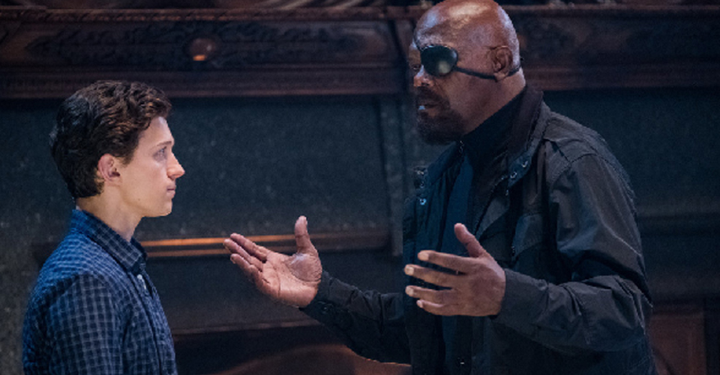 Tom Holland is Peter Parker aka Spider-Man and Samuel L. Jackson is Nick Fury in Spider-Man Far from Home.