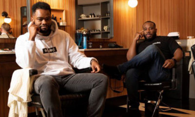 Songe La Ron (left) and Dave Salvant at a barber shop. (Twitter photo)