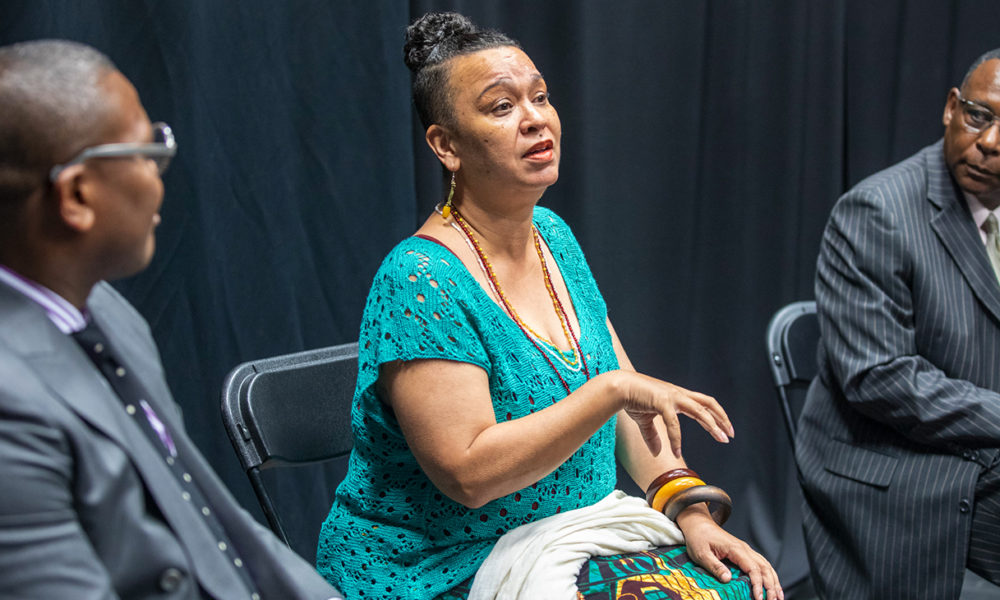 As part of an ongoing commemoration of the 400th anniversary of Africans in America, the Hattiloo Theatre hosted “Our Faith, Our Story,” a panel discussion on how Africans used their faith to survive slavery. Above, Rev. Dr. J. Lawrence Turner (left), pastor of Mississippi Boulevard Christian Church, provided a Christian perspective on the quadricentennial of Africans in America. Later, Sadio, a self-styled spiritualist, and Min. Anthony Mohammad of the Nation of Islam shared their views. (Photo: Herman Williams)