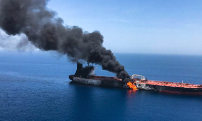 An oil tanker is on fire in the sea of Oman, June 13. Two oil tankers near the strategic Strait of Hormuz were reportedly attacked on June 13, an assault that left one ablaze and adrift as sailors were evacuated from both vessels and the U.S. Navy rushed to assist amid heightened tensions between Washington and Tehran. Photo: AP/Wide World Photo