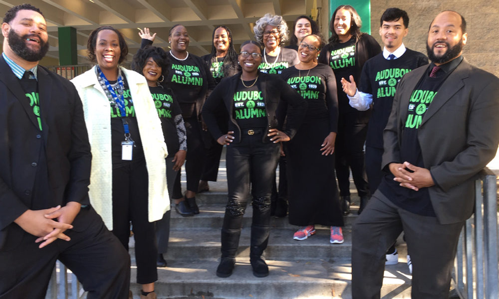 The Audubon Middle School staff includes alumni, from left, Marcus Mason, Jakesha Williams-Watson, Yolanda Vance, Alexis Flenori, Dorlisa Shumate, Kafayat Tijani, Olivia Fields, Aide Ramirez, Pamela Jones, Typhanie Willock-Bogard, Frank Vargas and Raymond Duronslet. (Cora J. Fossett/L.A. Sentinel)