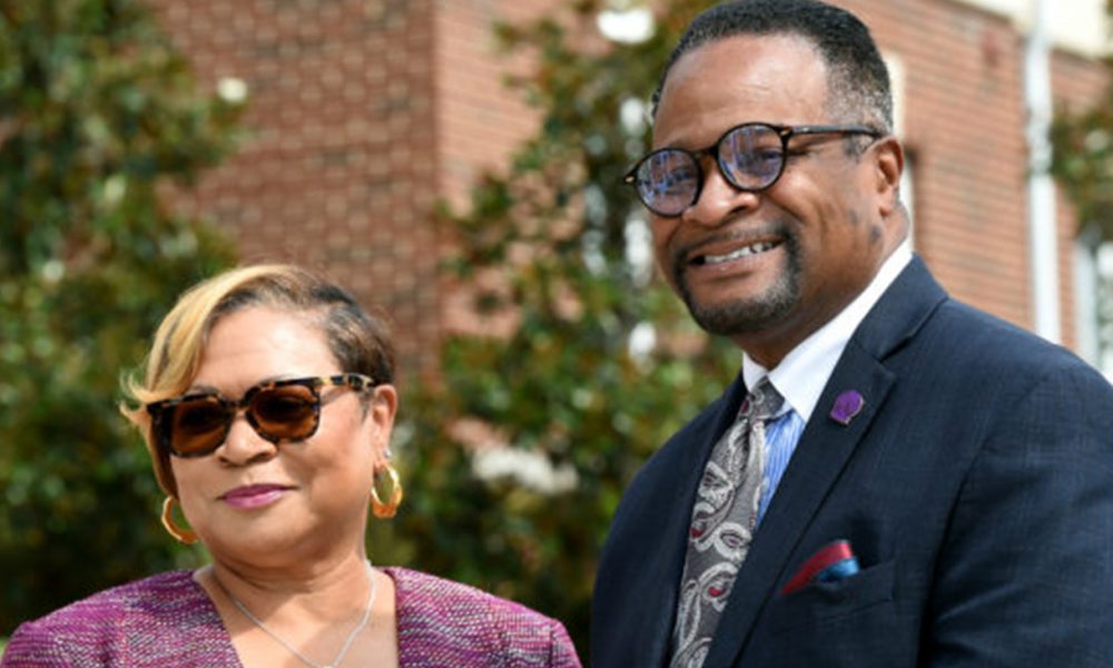 Bobbie Knight, Miles College interim president, and Dr. George T. French, Jr., outgoing president, are shown before a press conference in Fairfield, Ala. (Photo by Mark Almond)