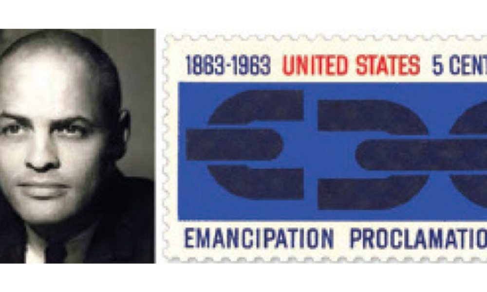Georg Olden with his design for the postage stamp commemorating the 100th anniversary of the Emancipation Proclamation.