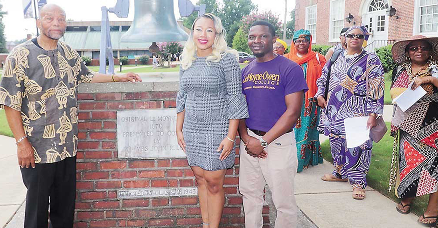 After Memphis Branch ASALH President Clarence Christian (left) set the context, Racquel Ransom, Miss LeMoyne-Owen, and Joe Mvula, Mr. LeMoyne-Owen, rang the Amistad Bell, signaling that an important event was happening on the LOC campus. (Photo by: Paula Anderson)